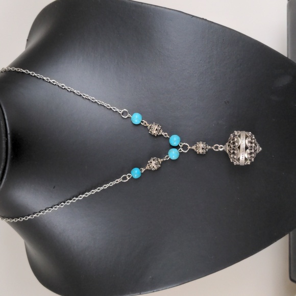 Jewelry - Vintage silver tone exotic filigree necklace with blue turquoise (?) stones